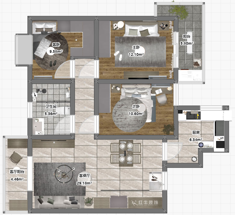 陶阳｜双和园2-1401-115㎡-现在简约风格｜3室2厅1卫｜毛坯房装修｜定制家｜全包14万｜00_03平面彩图